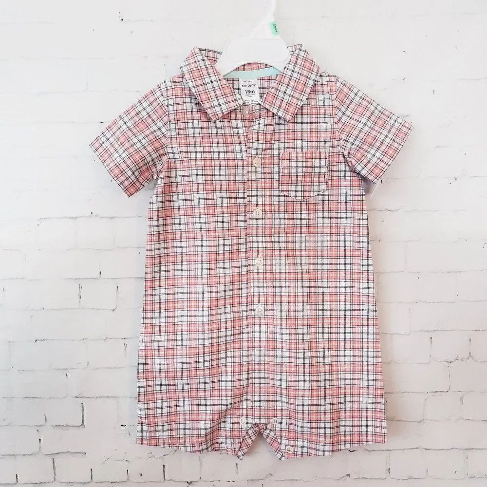 Carters One Piece Collared Outfit Size 18 Months Orange Pink Gray Plaid NEW